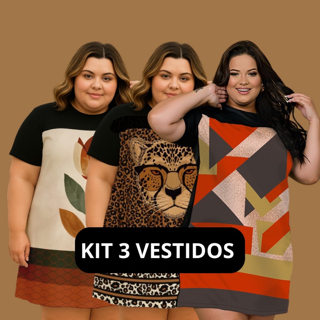 KIT 3 Vestidos Plus Size Camisão Soltinho Estampa Exclusiva Tecido Leve Sedinha Confortável