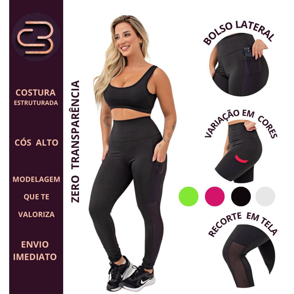Calça Legging Feminina  Cintura Alta sem Transparência Leg Fitness Academia Suplex Com Bolso Lateral