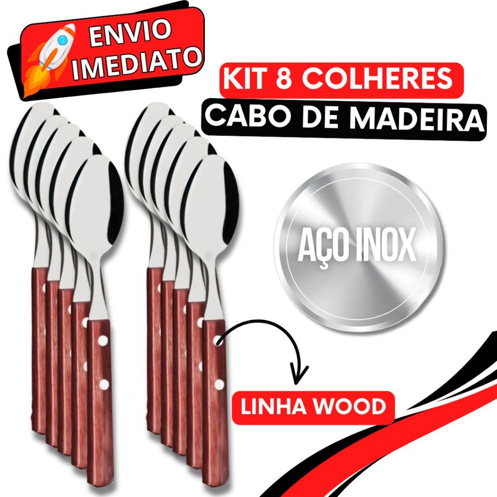 Jogo de Talher 8 Peças Colher de Sopa Mesa Cabo em Madeira Aço Inox Polido Arroz Caldinho Para Casa Cozinha Restaurante
