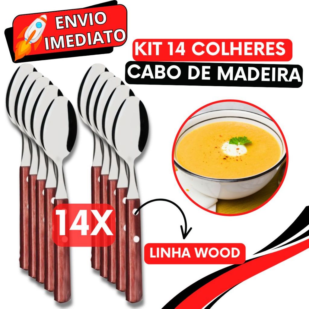 Jogo de Talher 14 Peças Colher de Sopa Mesa Cabo em Madeira Aço Inox Polido Arroz Caldinho Para Casa Cozinha Restaurante