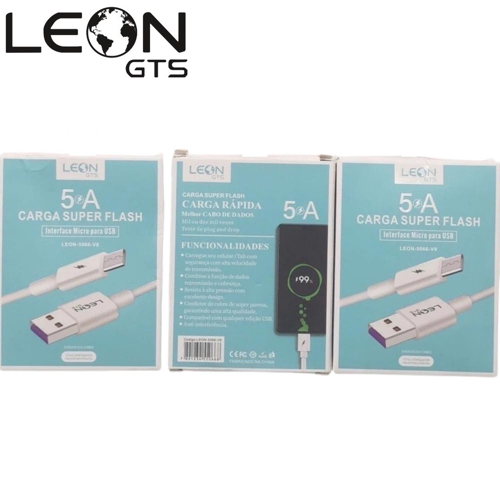 KIT 10/KIT 6 Cabo Celular Carregamento V8 Rápido e Turbo Tipo-V8 LEON-5066 da LEON GTS