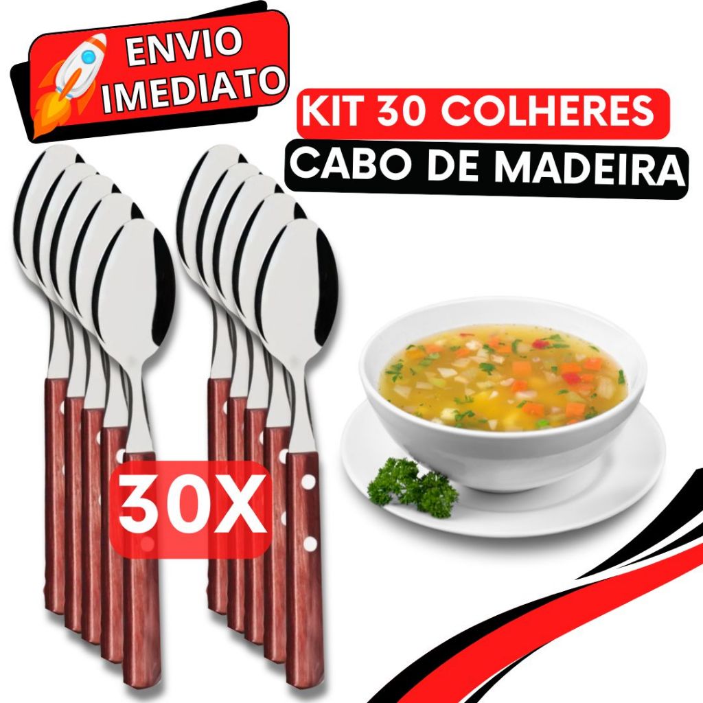 Jogo de Talher 30 Peças Colher de Sopa Mesa Cabo em Madeira Aço Inox Polido Arroz Caldinho Para Casa Cozinha Restaurante