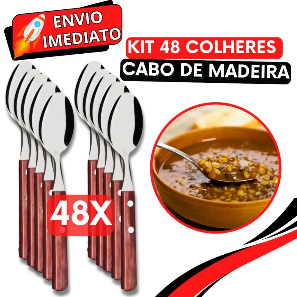 Jogo de Talher 48 Peças Colher de Sopa Mesa Cabo em Madeira Aço Inox Polido Arroz Caldinho Para Casa Cozinha Restaurante