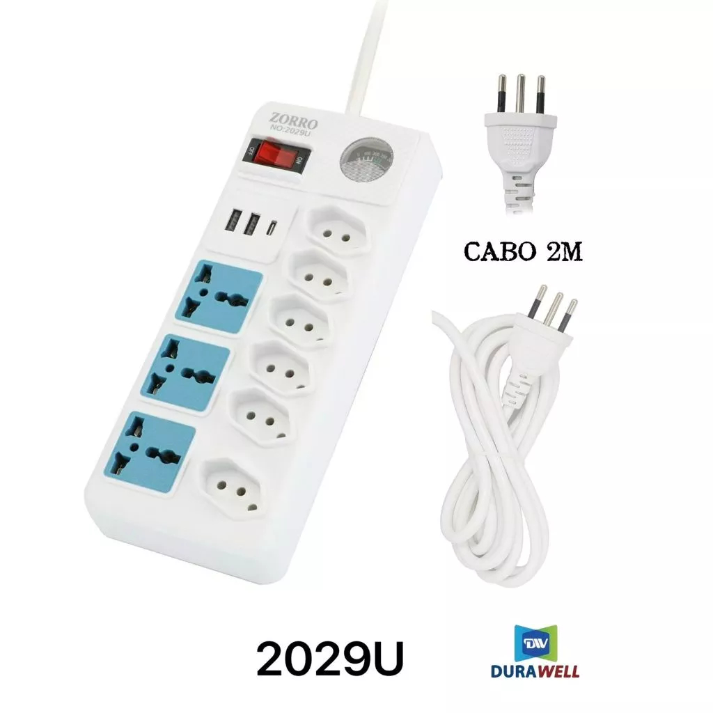 Régua Filtro de Linha 6 Tomadas Extensão Elétrica 3 Universal 2 USB Bivolt 10A 110v/220v Cabo 2M