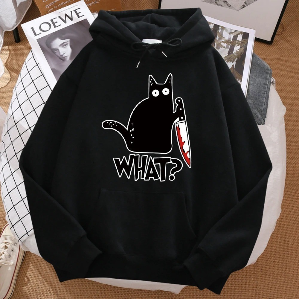 Moletom De Frio Gato Preto Segurando Uma Faca Hip Hop Moda Estampado Casaco Quentinho - Envio Rápido - Big Vest