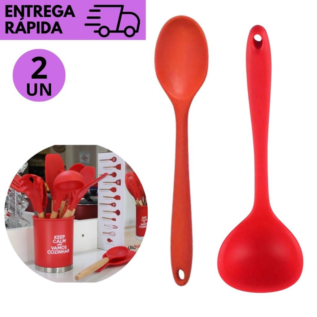 Kits Concha e Colher de Silicone Vermelha Resistente ao Calor Utensílios ou individual Antiaderente