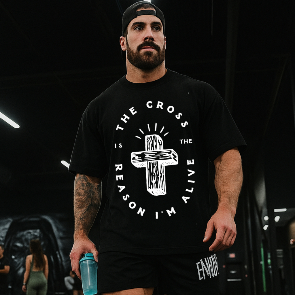 Camiseta Masculina Oversized A Cruz é a Razão Pela Qual Estou Vivo Gym Streetwear Confortável Academia