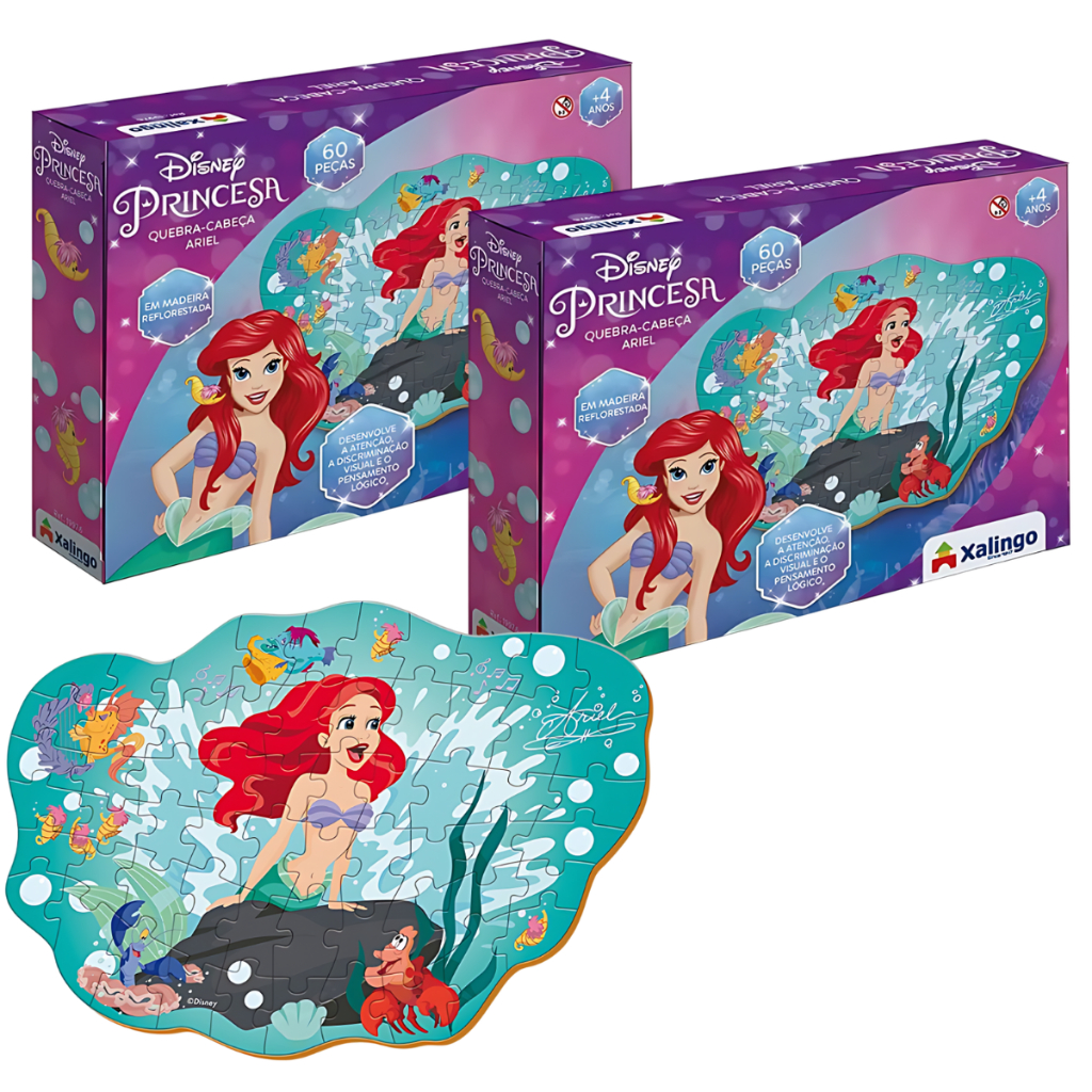 Kit 2 Jogo Quebra Cabeça Infantil Ariel A Pequena Sereia Disney 60 Peças De Madeira Infantil Xalingo