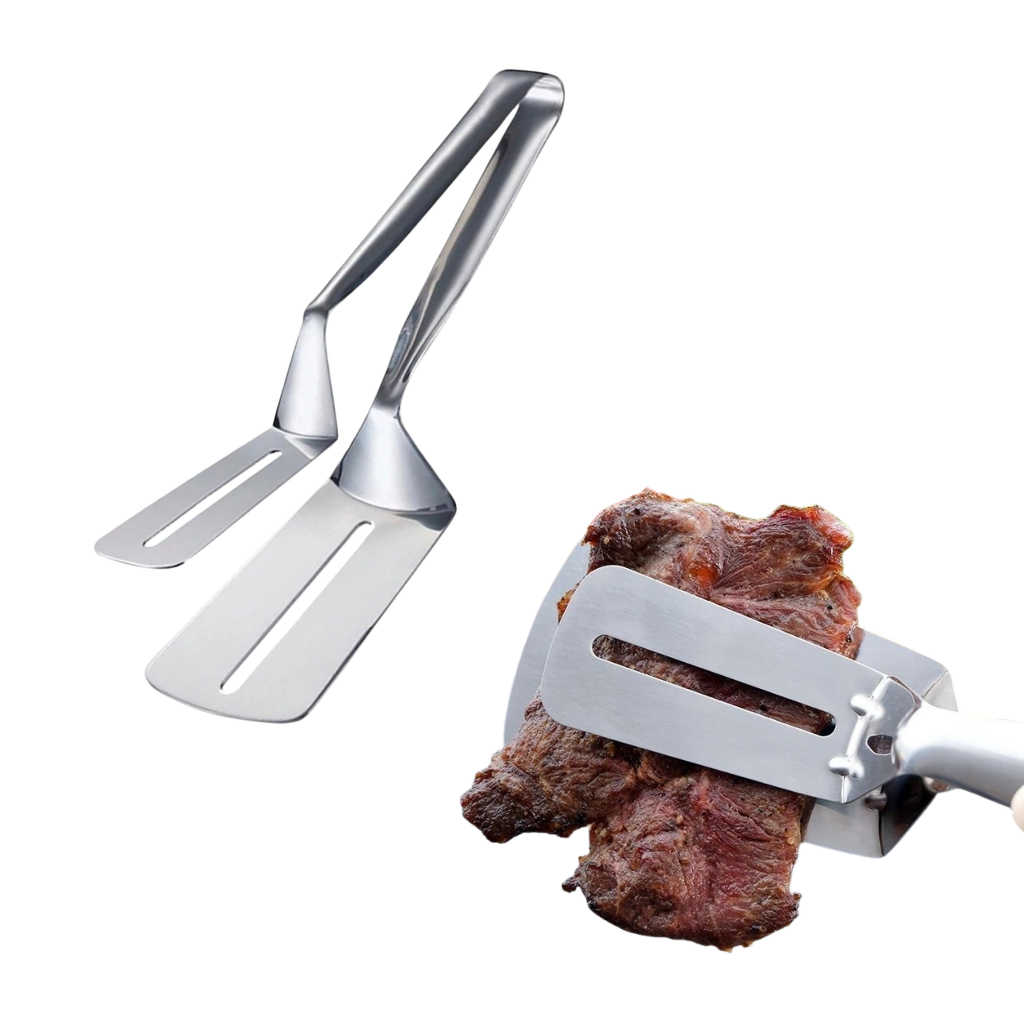 KIT Pinça Pegador Espátula Pegadora Dupla para Alimentos em Inox