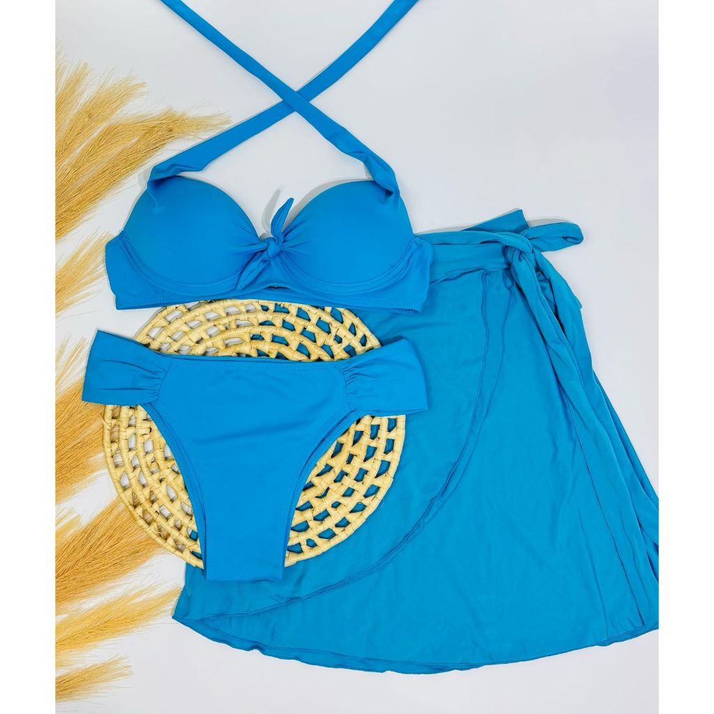 kit trikini com top bojo, calcinha bombom borboleta, e saia envelope pareo curta, natação, saida de praia