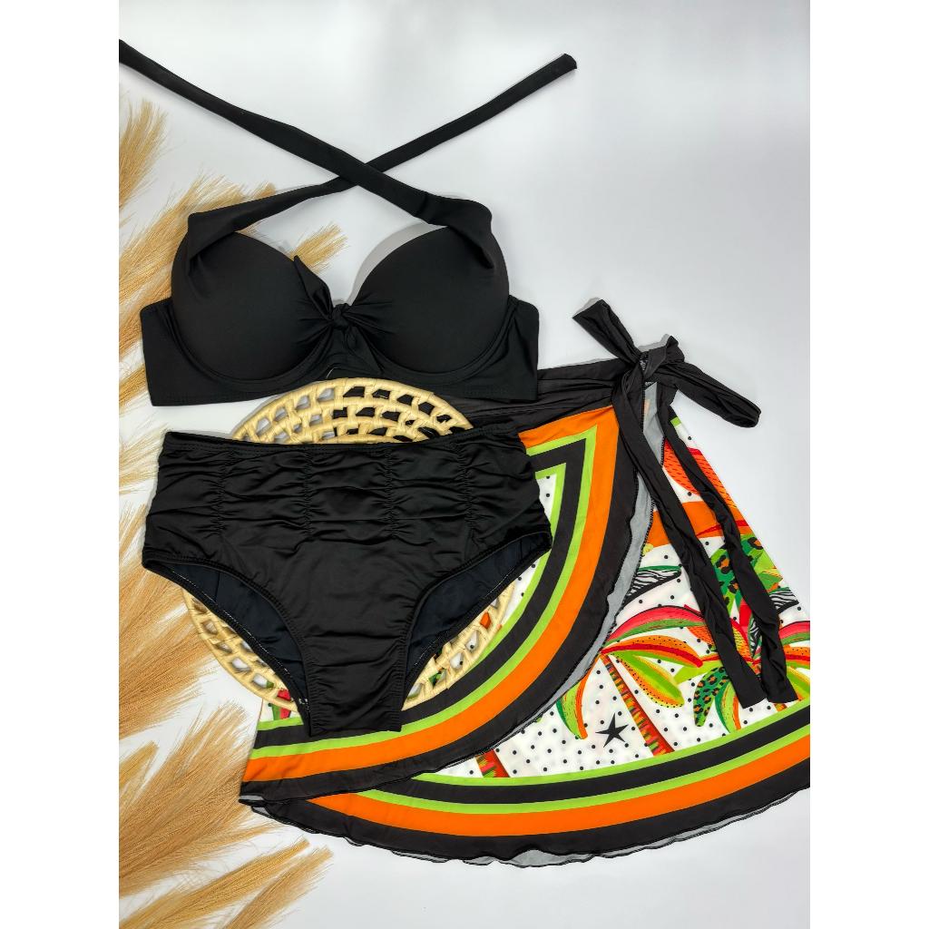 kit trikini com top bojo, calcinha bombom borboleta, e saia envelope pareo curta, natação, saida de praia