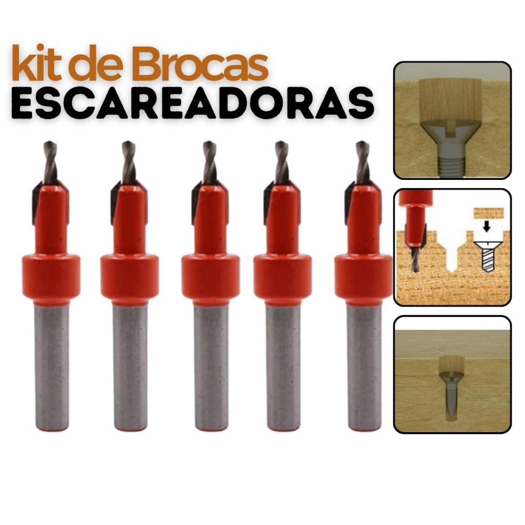 Kit Com 5 Broca Escareadora Rebaixo De Parafuso Em Madeira Com Limitador Acabamento Marcenaria
