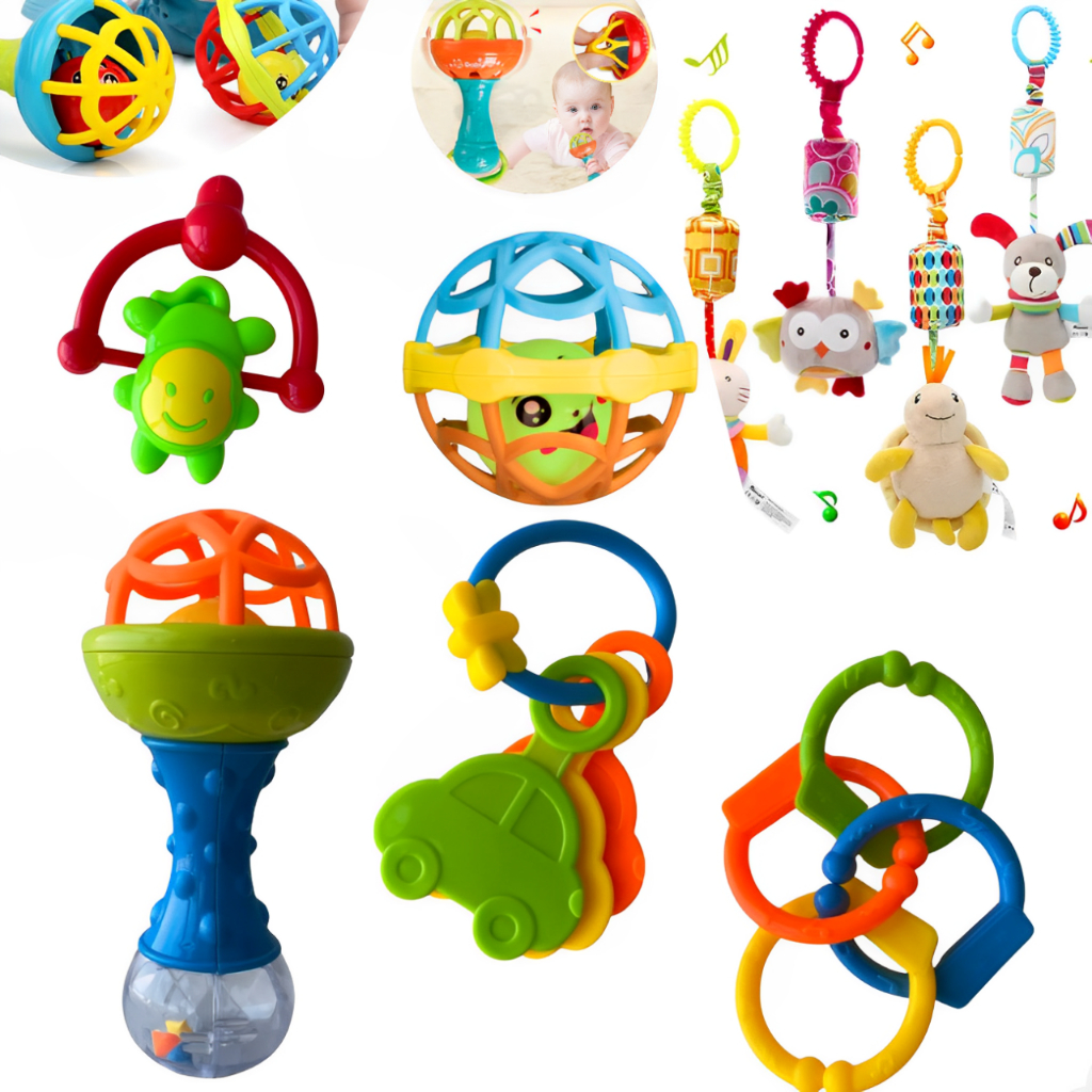 Kit 8 Chocalhos Mordedor Bebe Sensorial + Móbile Pelúcia Macio Brinquedo Infantil
