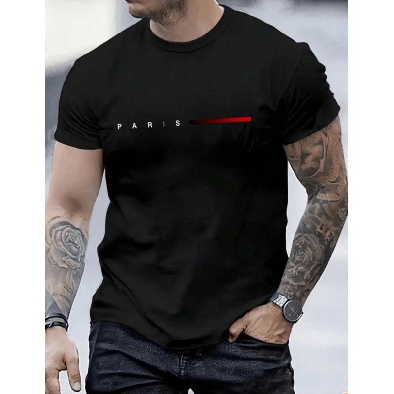 CAMISETA Masculina listra Paris Manga Curta Estampada