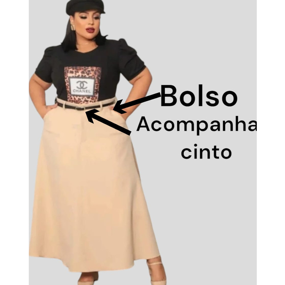 Saia feminina plus size alfaiataria longo com cinto moda evangelica em Oferta na Shopee