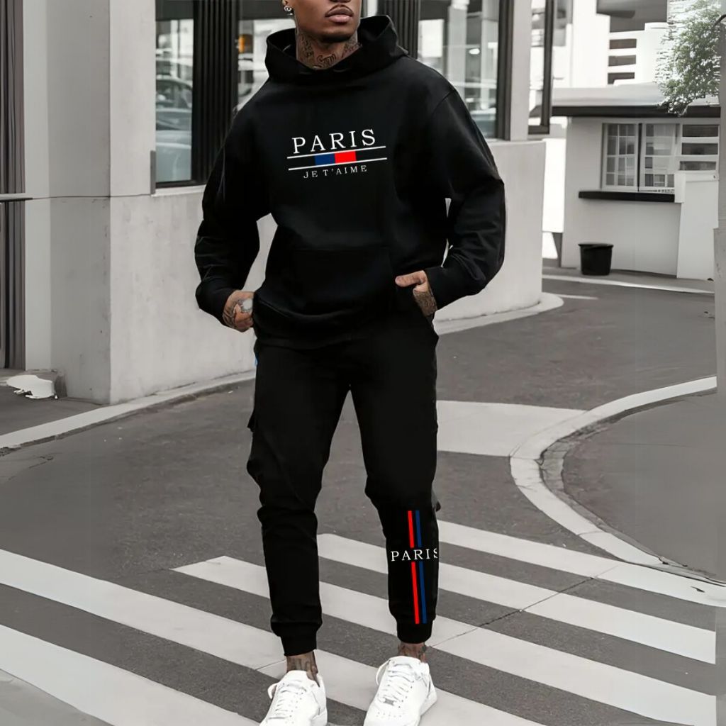 Detalhes do Conjunto Moletom Inverno Paris Unissex Casual Calça+ Moletom Canguru Algodão