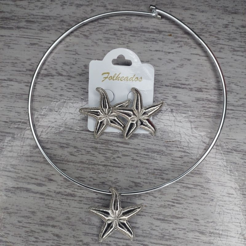 Colar Choker + Brinco Estrela Folheado prata