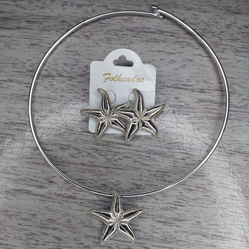 Choker + Brinco Conjunto de Estrela do Mar Prata em Oferta na Shopee