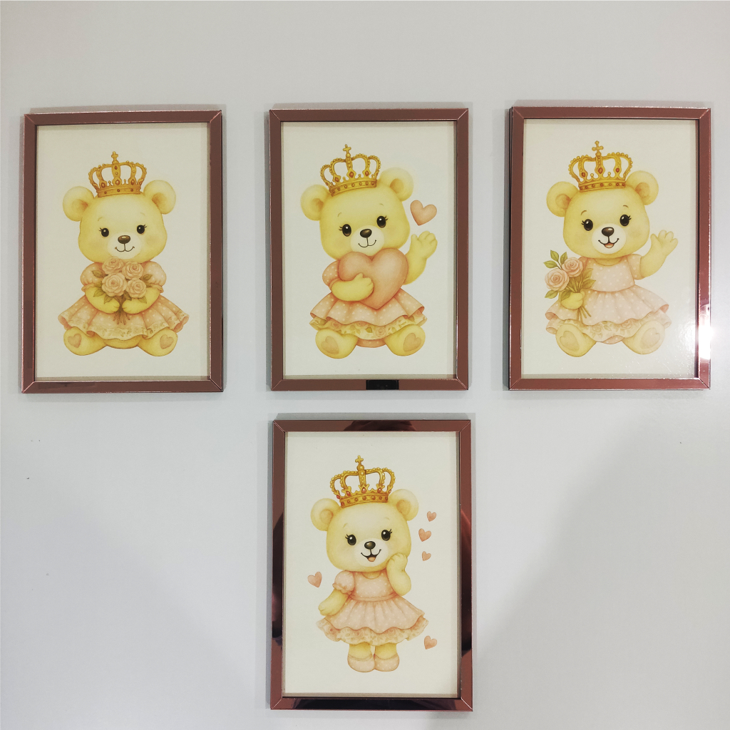 Kit 4 Quadros Decorativos Infantil Ursinha Princesa Rosa – Quarto Bebê Menina – Tema Princesa