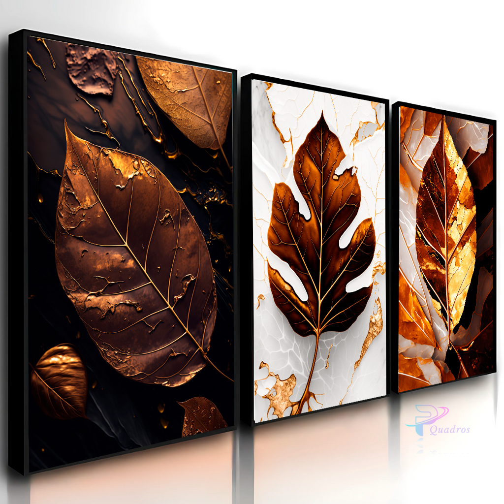 Quadros Decorativos 3 Peças Folhas Secas Marrom Cobre Fundo Mármore Branco e Dourado Casa Sala Quarto Decoração Hall