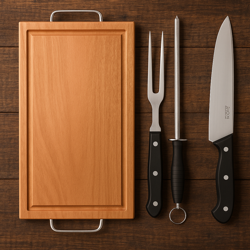 Kit Tábua de Carne 22x36cm com Faca e Garfo Inox – Madeira Resistente para Churrasco