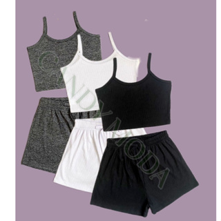 KIT3 Conjunto de Verão –Canelado  Top Cropped Alcinha e Shorts Feminino em Oferta na Shopee