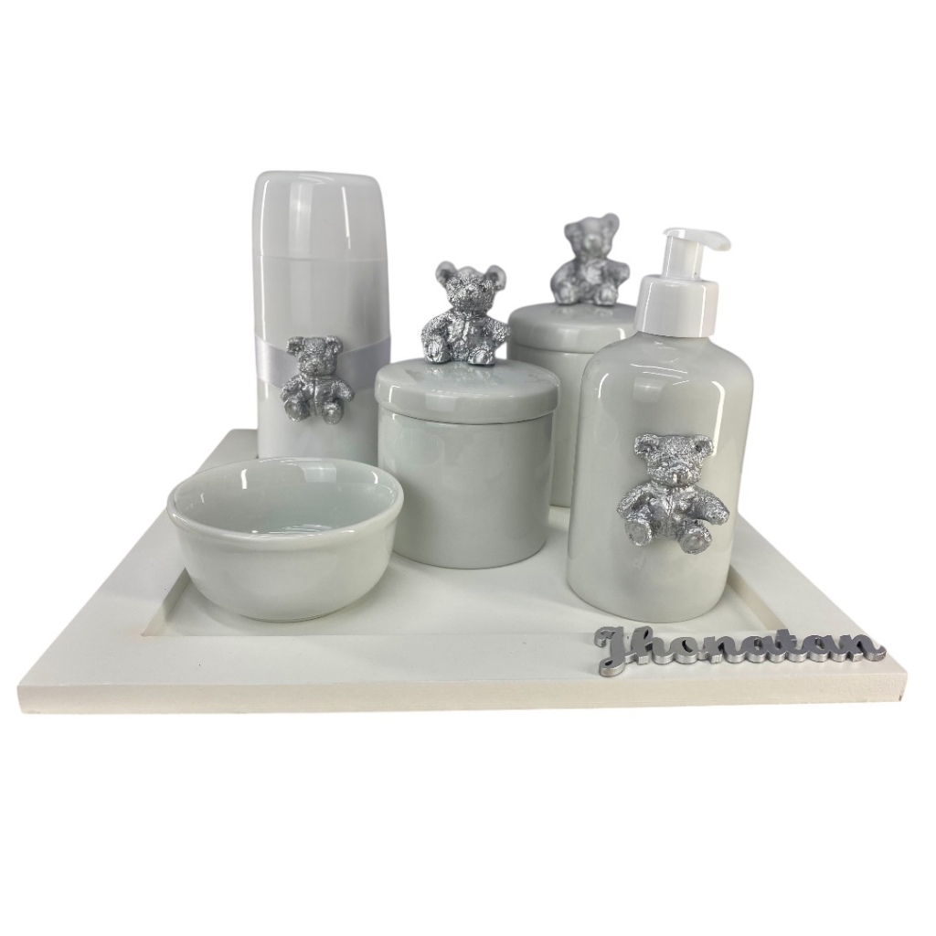 Kit higiene porcelana ursinho com nome e bandeja reta