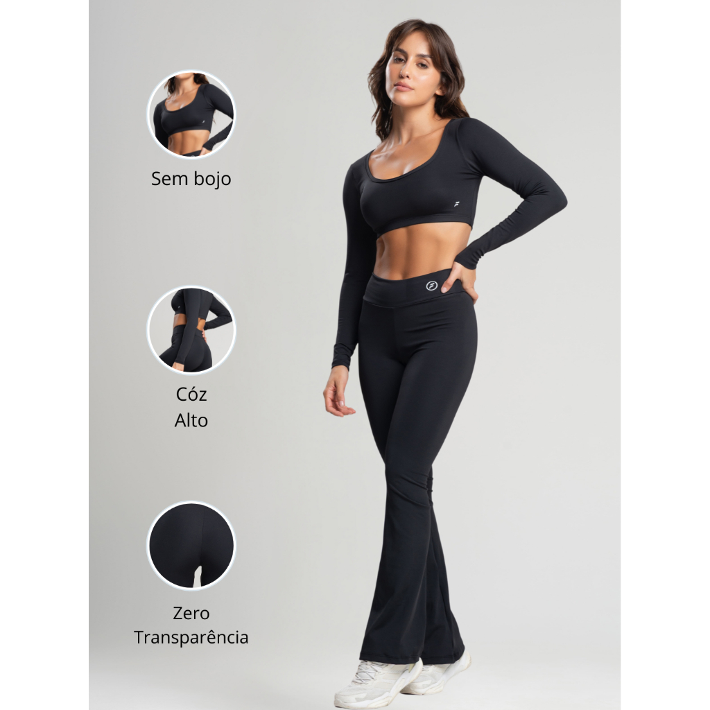 Conjunto Fitness Bailarina Academia Top Manga Longa Legging Flare Suplex Zero Transparênci...