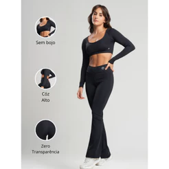 Conjunto Fitness Bailarina Academia Top Manga Longa Legging Flare Suplex Zero Transparência Feminina