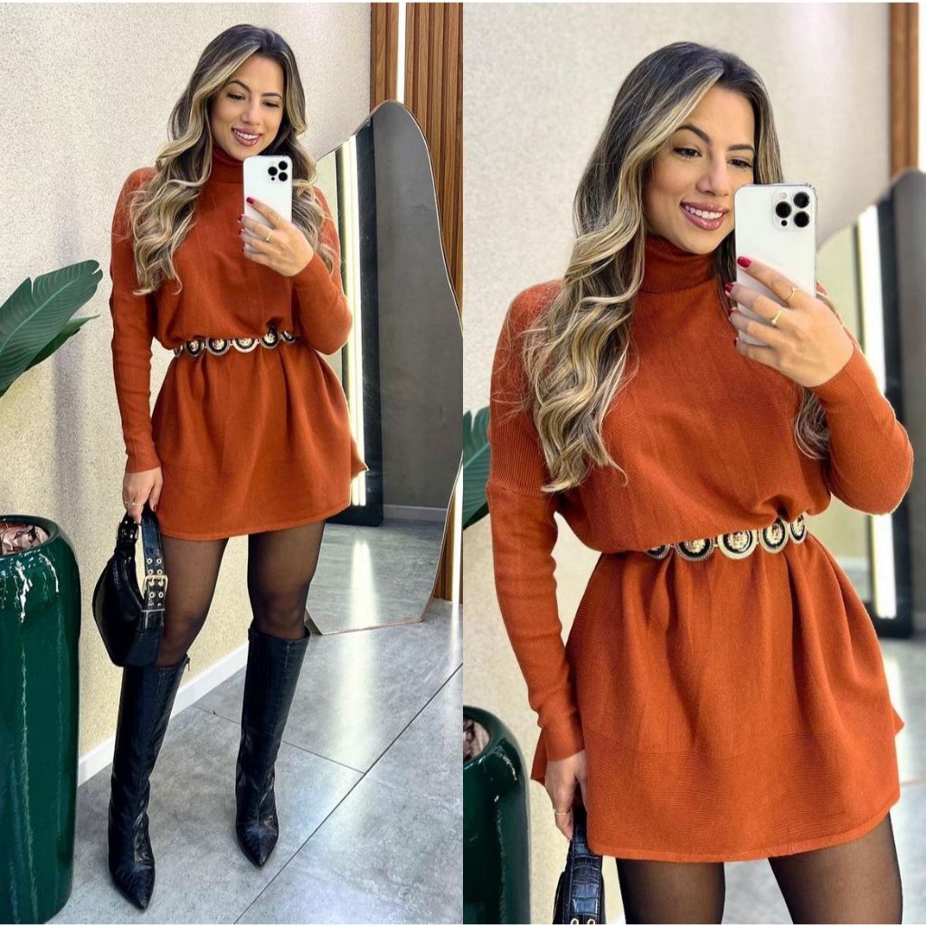 Vestido Feminino Manga Longa Gola Alta Lanzinha  Poncho Max Moda Outono Inverno