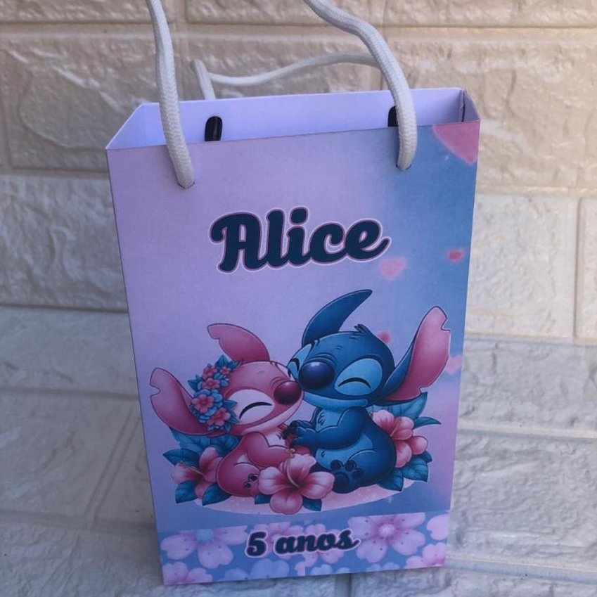 PEGUE E MONTE Sacolinha/Bolsinha (PEQUENA) Personalizada  STITCH E ANGEL Festa Surpresa Mimos Lembrancinhas