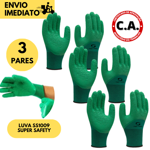 3 Pares Luva de Segurança SuperSafety 1009 Revestida em Látex Antiderrapante para Serviços Gerais em Oferta na Shopee