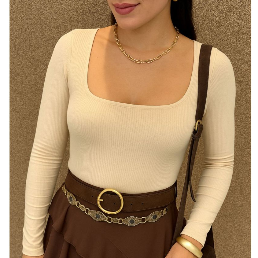 Blusa Feminina Decote Quadrado Manga Longa Ribana Premium Outono Inverno Elegante em Oferta na Shopee