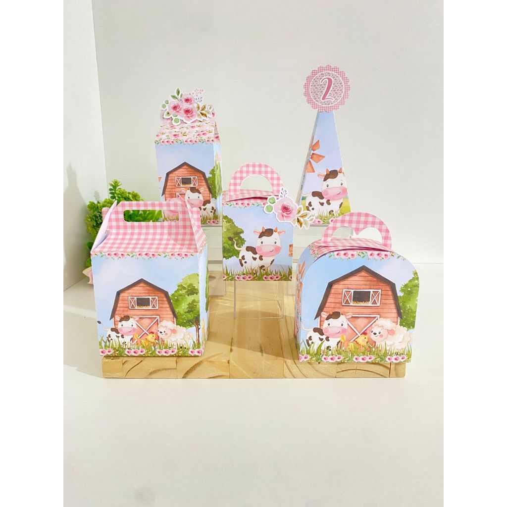 Kit Caixas Personalizadas Fazendinha Rosa 🎀 🐷 🐷 Lembrancinhas Festa Infantil Papel 180g Montado Pronto para Usar Fazenda