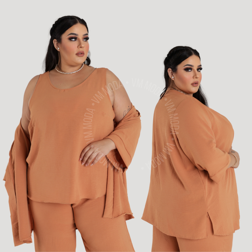 Conjunto Plus Size 3 peças Calça Pantalona Blusa regata e Kimono Tecido Duna