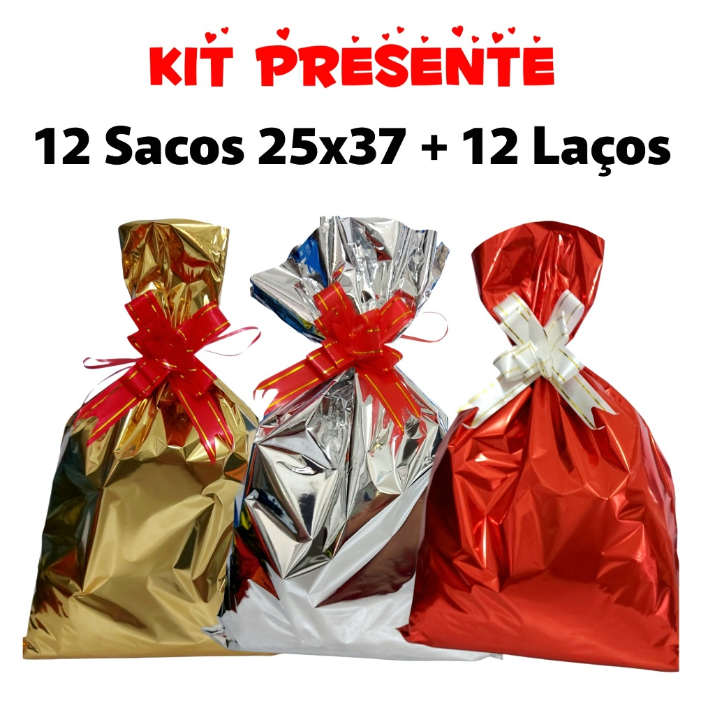 Kit 12 Sacos de presente 25x37 + 12 laços fácil