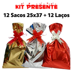 Kit 12 Sacos de presente 25x37 + 12 laços fácil