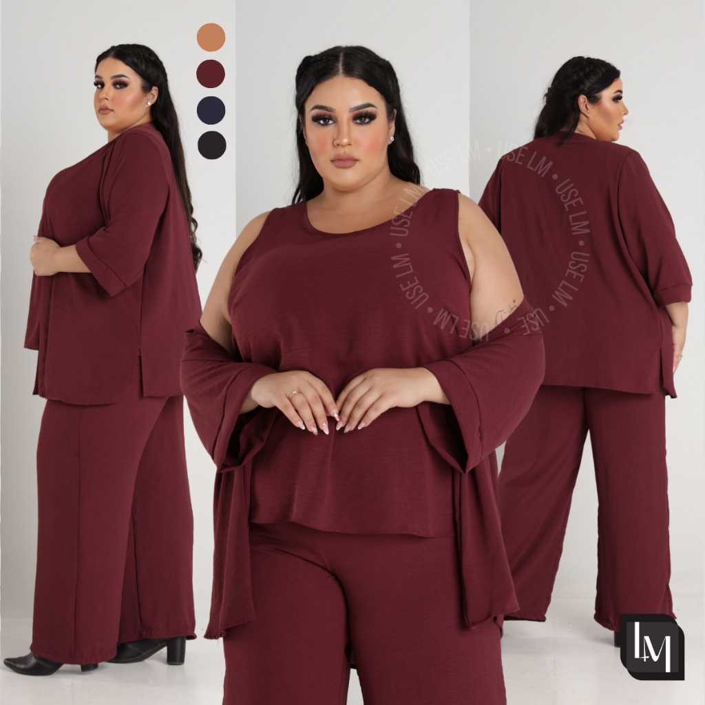 Conjunto Plus Size Feminino Calça Pantalona Regata e Kimono Plus Size Tecido Duna 3 Peças