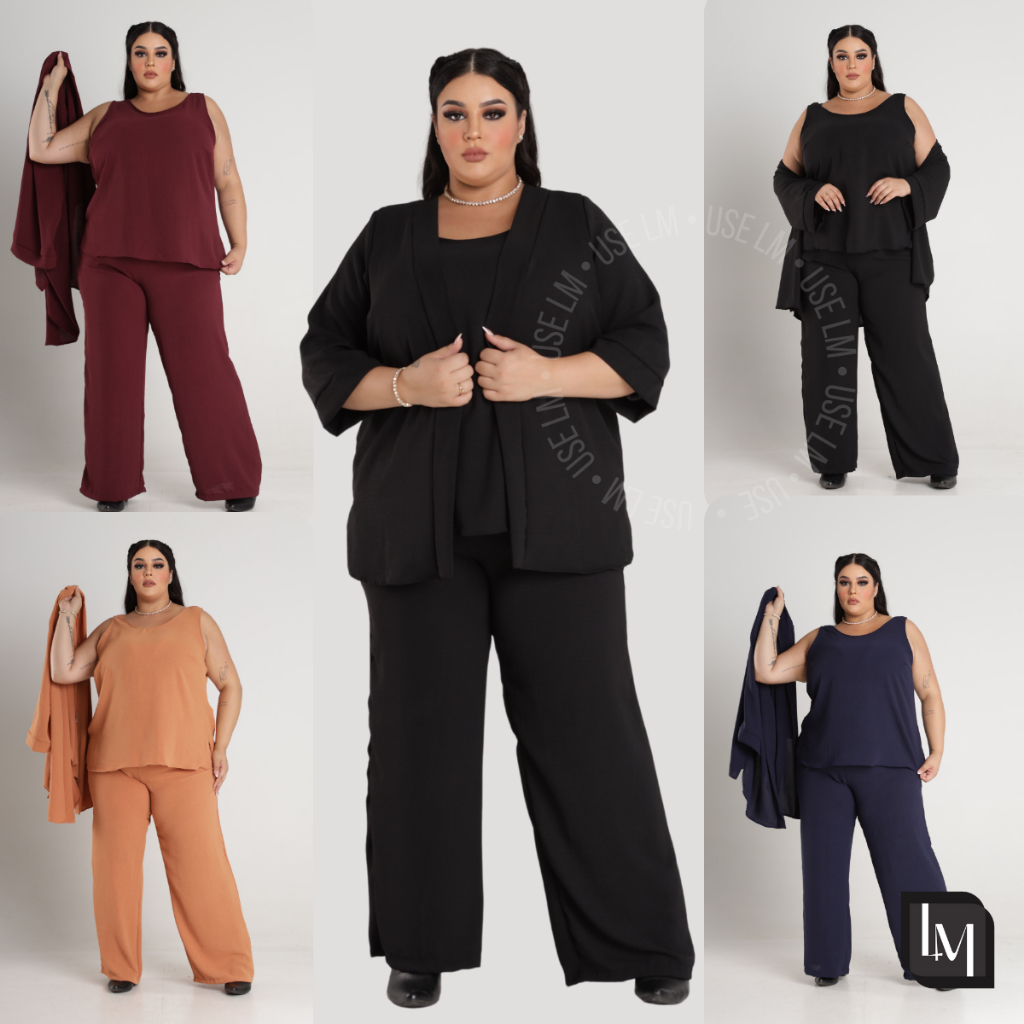 Conjunto Plus Size Feminino Calça Pantalona Regata e Kimono Plus Size Tecido Duna 3 Peças