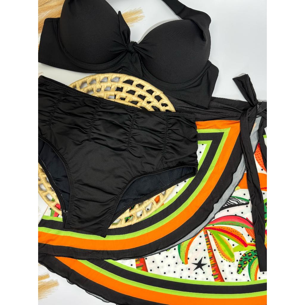 kit trikini com top bojo, calcinha bombom borboleta, e saia envelope pareo curta, natação, saida de praia