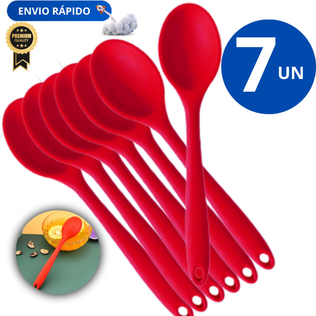 Conjunto 07 Unidades Kit Colher Redonda de Silicone 27cm Grande Linha Premium Variáveis Utilidades Cozinha Casa Bar