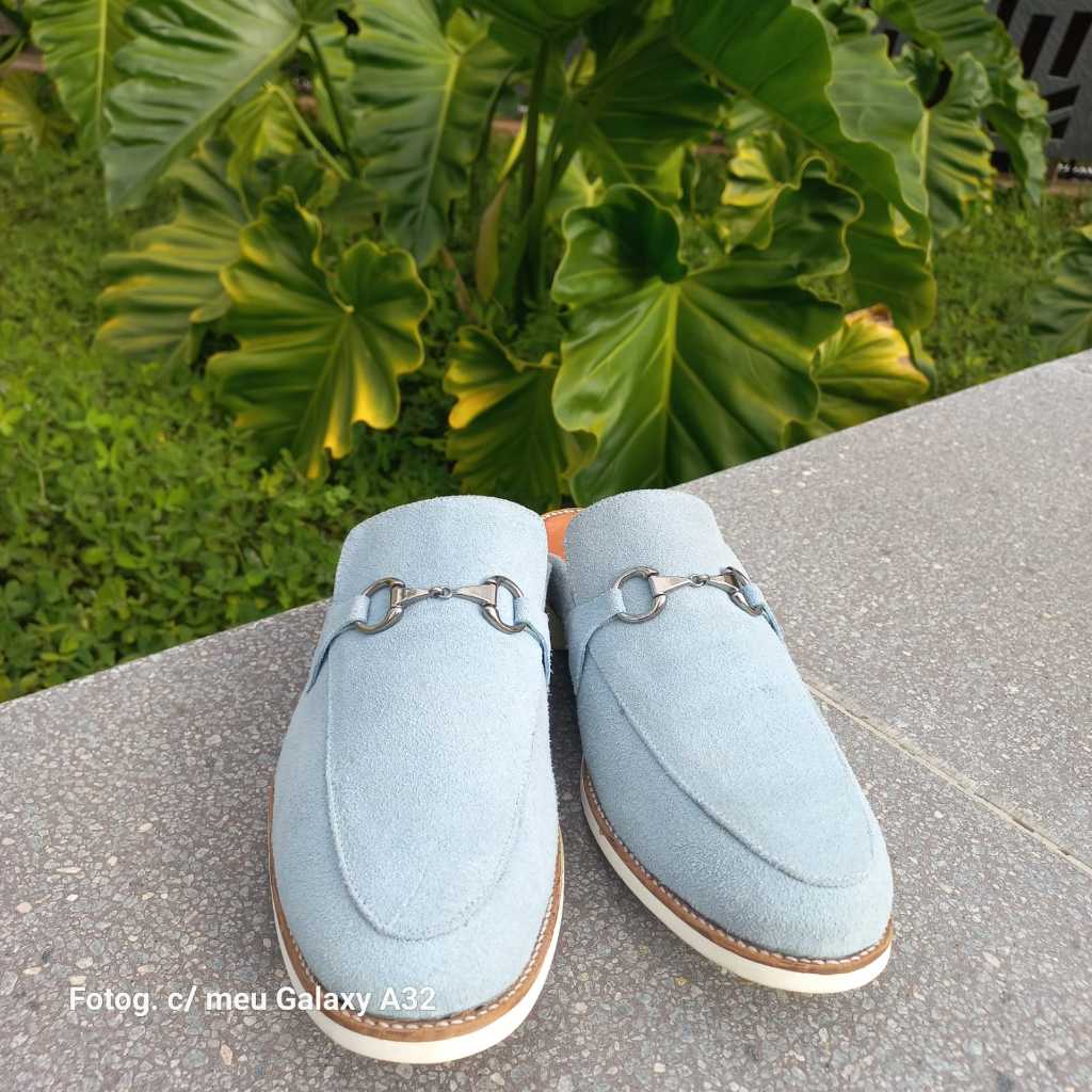 SAPATO SOCIAL ESTILO MULE MASCULINO AZUL BEBE CAMURÇA COURO