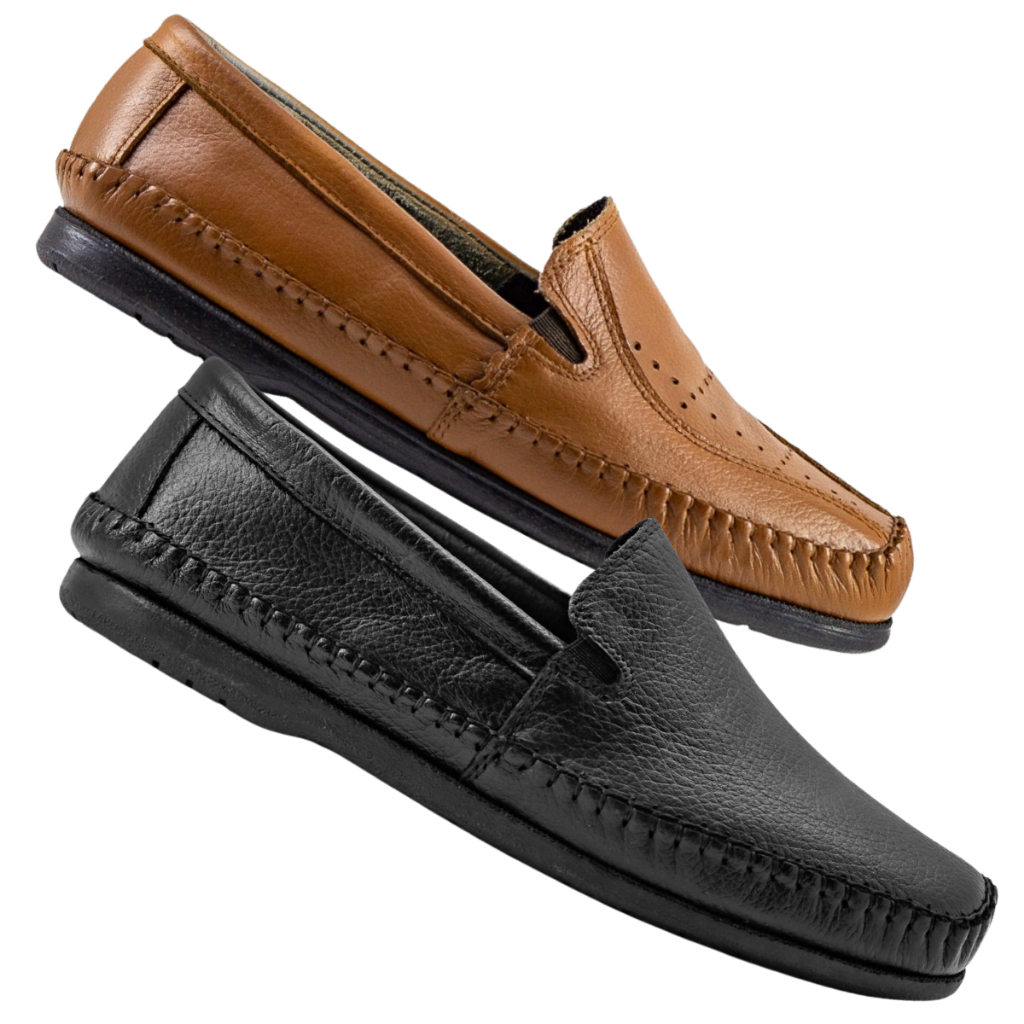 Sapato Mocassim Sapatilha Masculino Kit 2 pares 100% Couro Legítimo Ortopédico Casual Envio Imediato
