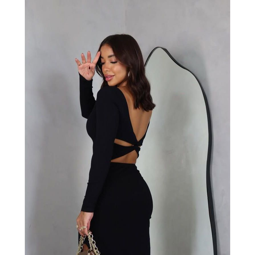 Vestido Midi Justo Canelado Festa Inverno Longo Colado Tubinho Manga Longa Cruzado nas Cos...