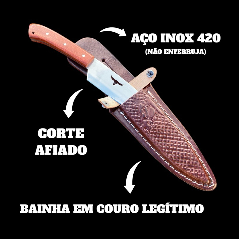 Faca Inox Artesanal Boi Com Bainha de Couro Legítimo