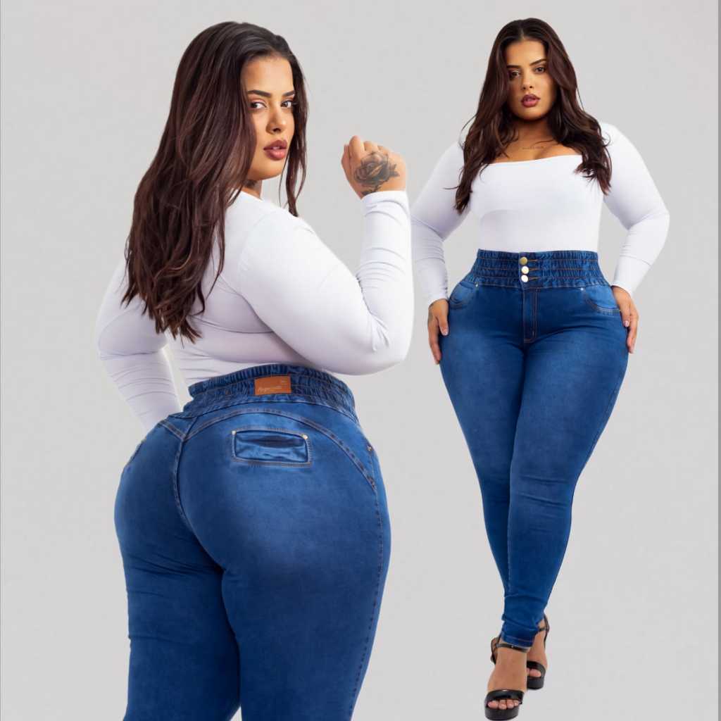 Calça Jeans Plus Size Com Elástico No Cos Cintura Alta Empina Bumbum em Oferta na Shopee
