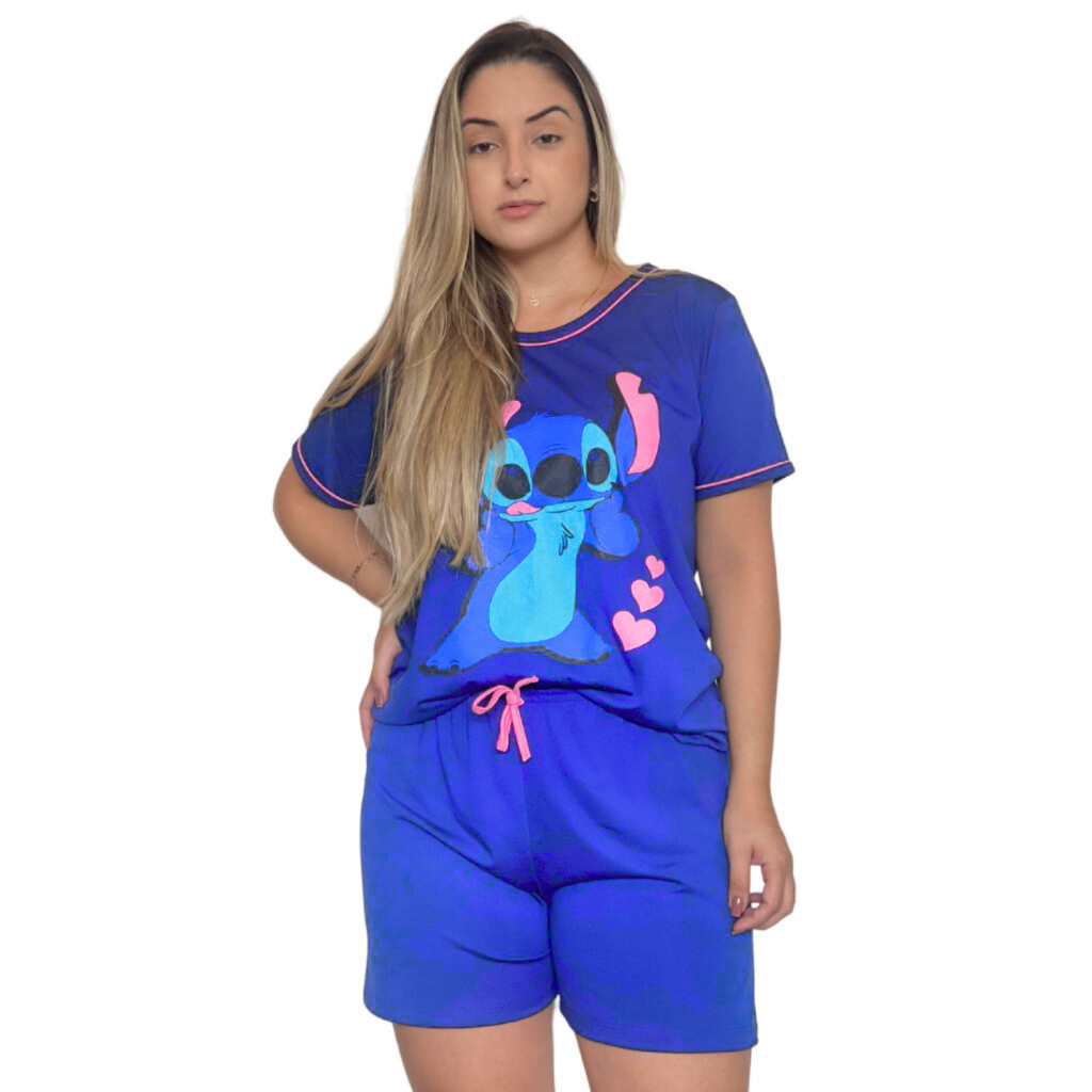 Conjunto Feminino de Dormir Pijama Adulto Manga Curta Baby doll minnie stitch em Oferta na Shopee