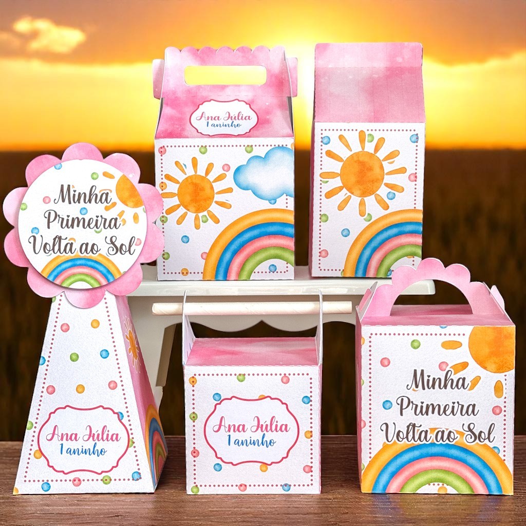 KIT FESTA MINHA PRIMEIRA VOLTA AO SOL  ROSA pegue e Monte Lembrancinhas - Caixinha Personalizadas - papelaria