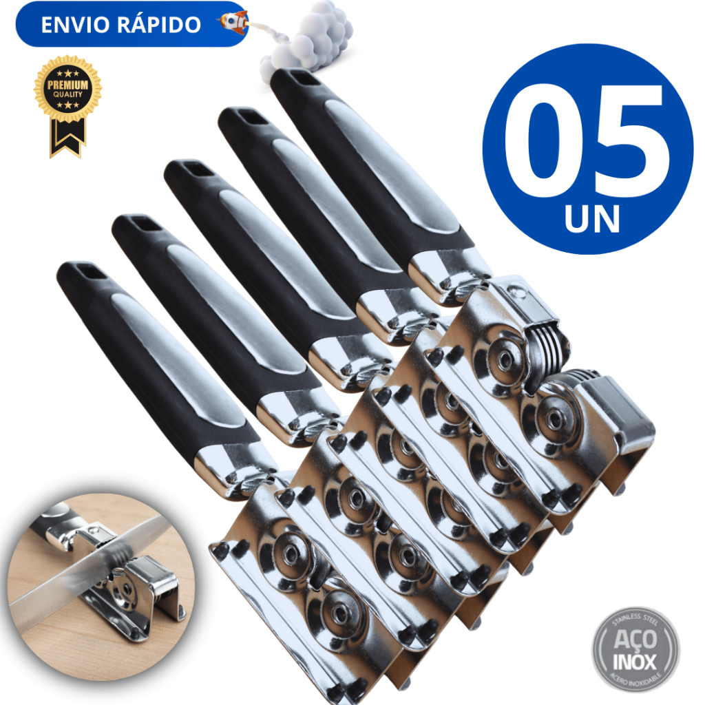 Conjunto Jogo Kit 05 Amolador Afiador de facas Multifuncional Variáveis Utilidades Linha Premium Inox Tesouras Canivete