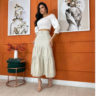 Saia Midi Evangélica em Brim 3 Marias com Cinto Forrado com Zipper lateral 100% Algodão (Não Desbota) em Oferta na Shopee